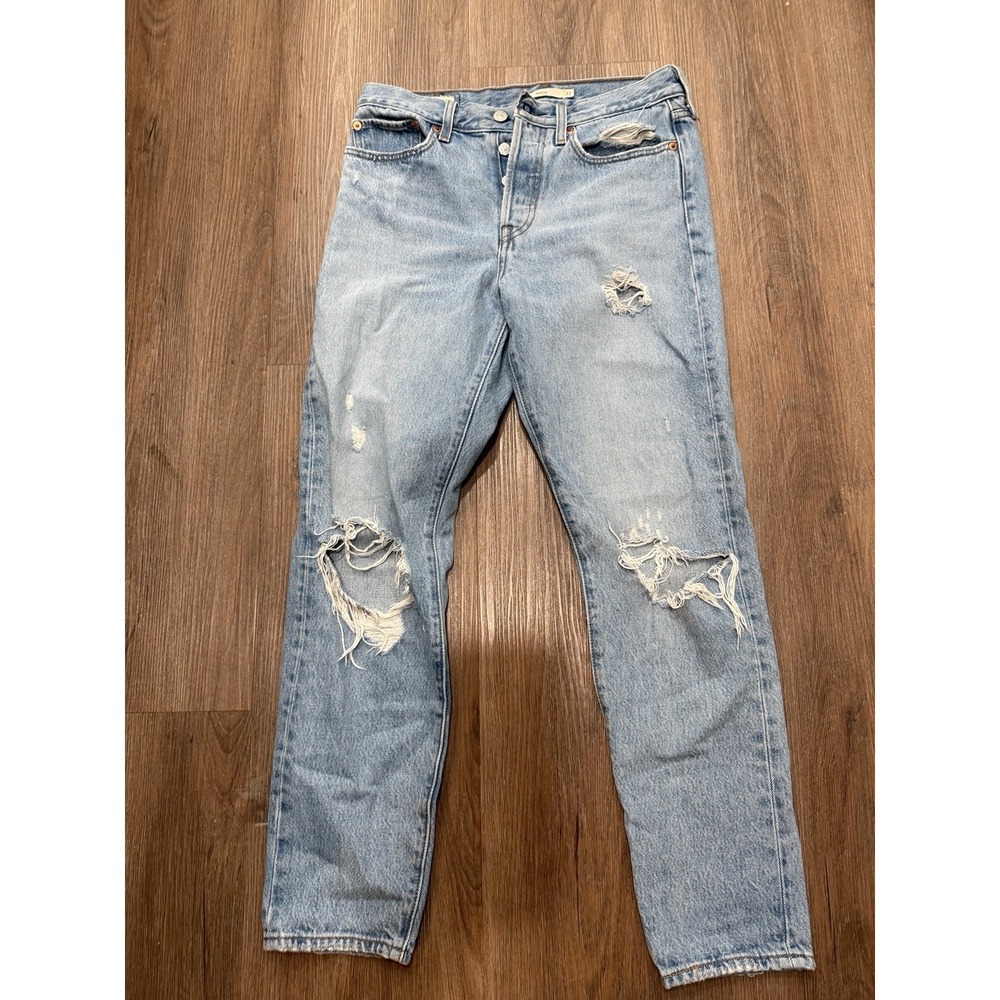 Levi's Premium Straight Jeans Women Blue Distressed Ripped Medium Wash Denim